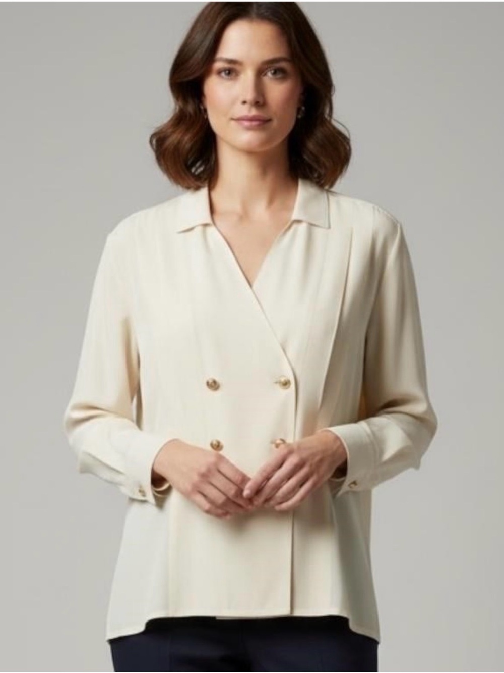 Vintage CHANEL Double Breasted Pale Beige Silk Blouse Size M/8